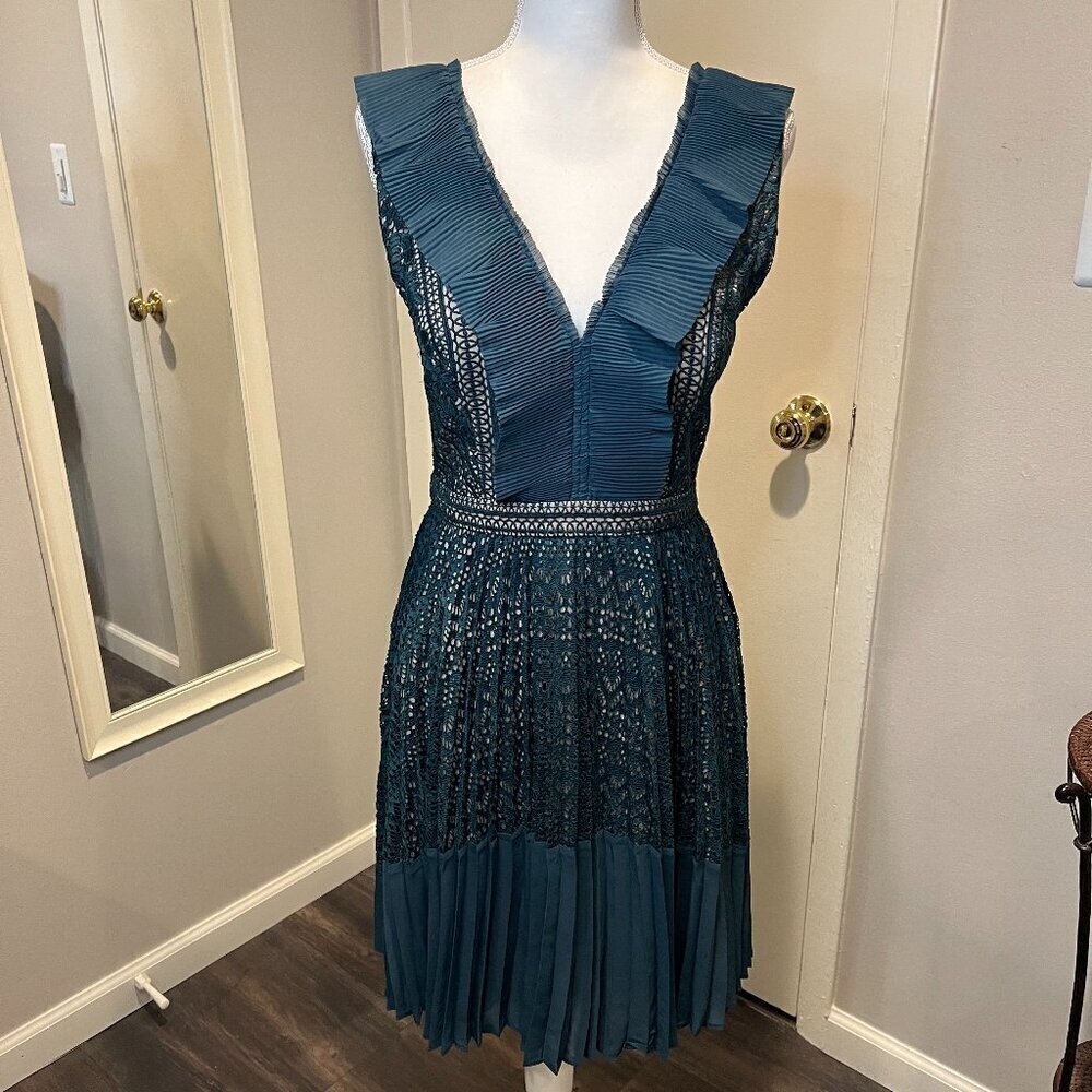 French Connection Teal Orabelle Lace Fit & Flare Ruffle Midi Dress, Size 6 - Picture 4 of 16